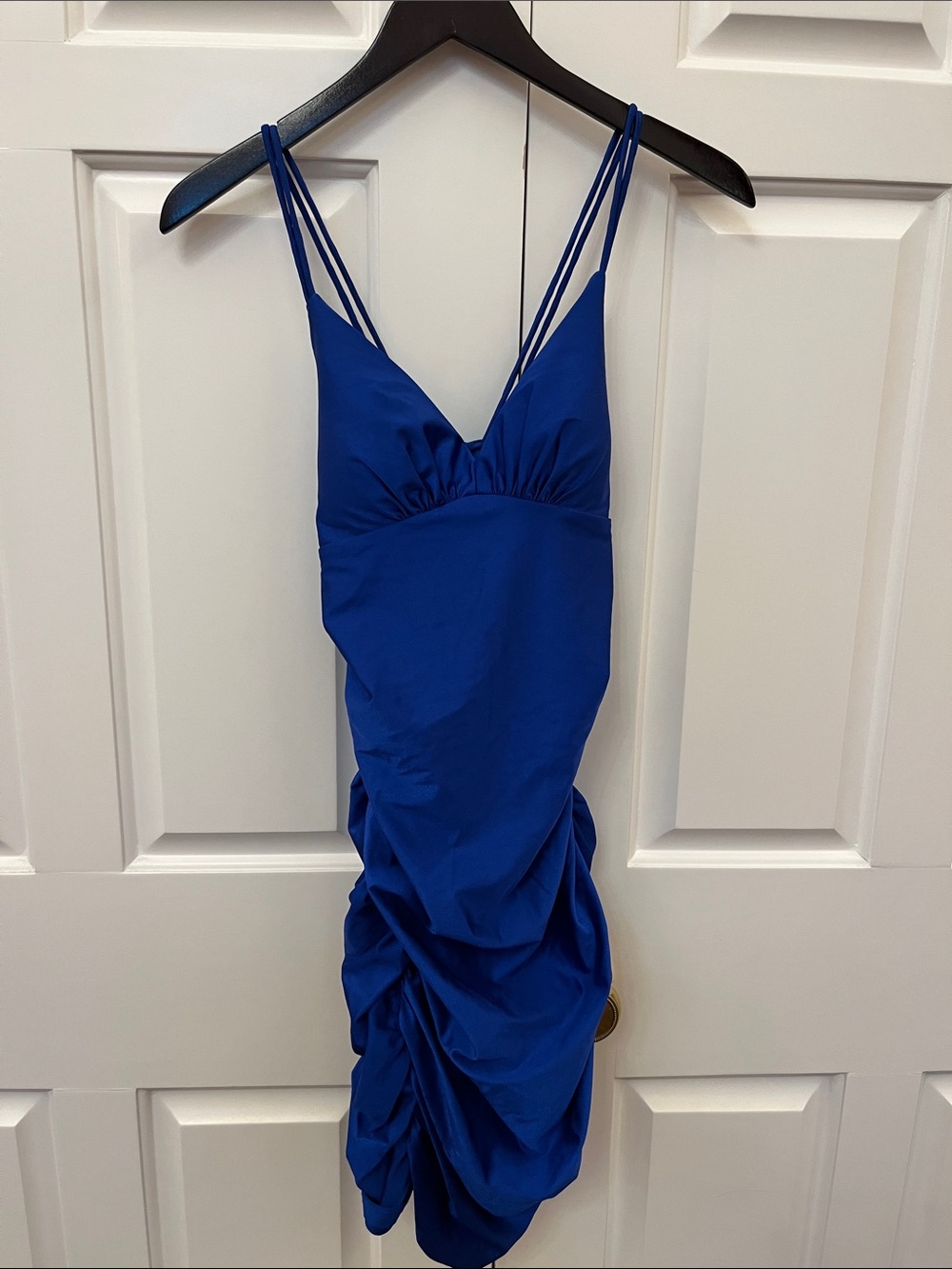 Royal Blue Double-Strap Ruched Midi Dress